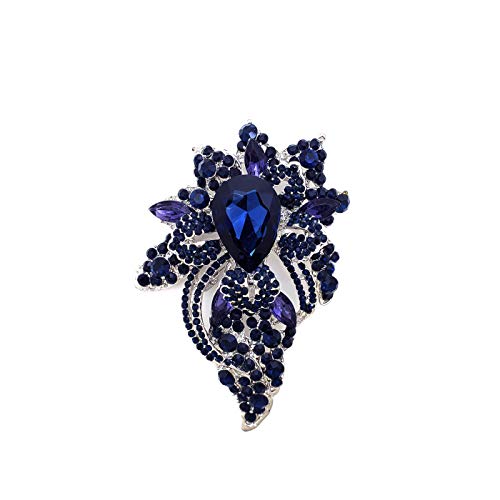 Women's Fashion Austrian Crystal Floral Pave Bouquet Statement Brooch Pin (Montana Blue + Silver Tone) #TOP29