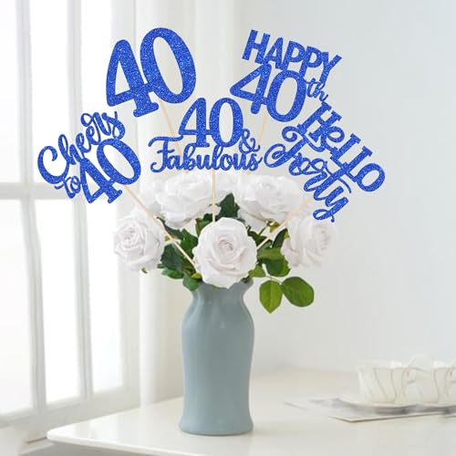 15 PCS 40th Birthday Centerpiece Sticks Hello Forty Happy 40 Table Flower Centerpieces Sticks Cheers to 40 Fabulous Floral Decorations for 40th Birthday Party Table Centerpieces Supplies Blue by ZHUOWEISM - Used condition - Image 5