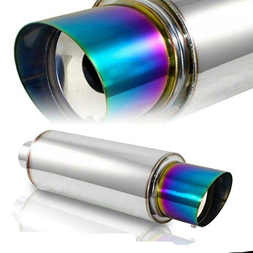 S SIZVER Weld-On Universal Muffler JDM 4" N1 Slant Rainbow Burnt Tip Stainless Exhaust Muffler 2.5" Inlet+Silencer