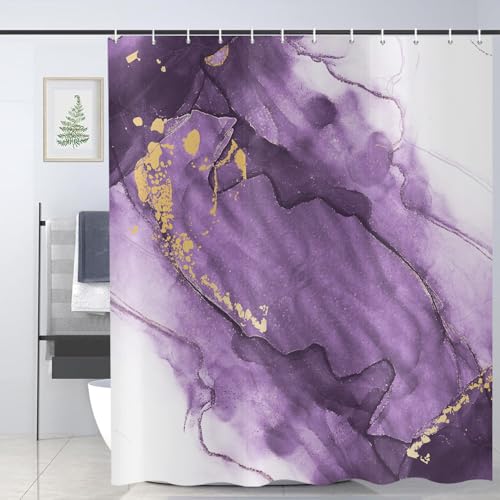 CRTPOD Marble Shower Curtain, Purple Gold Ink Texture Bathroom Curtain Modern Abstract Ombre Art Bathroom Decor Waterproof Fabric Bathtub Curtains Set with Hooks 72x72 inch — view 2