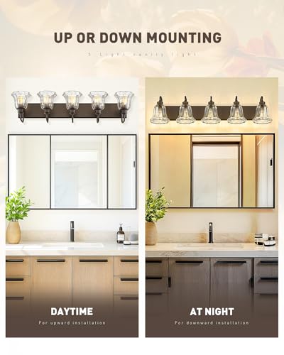 Image of zeyu 37.8 Inch Bronze Wall Sconce Lights, Bathroom Light Fixtures, 5-Light Vanity Wall Sconce Over Mirror, Oil Rubbed Bronze Finish with Clear Striped Glass, ZJX117B-5W ORB