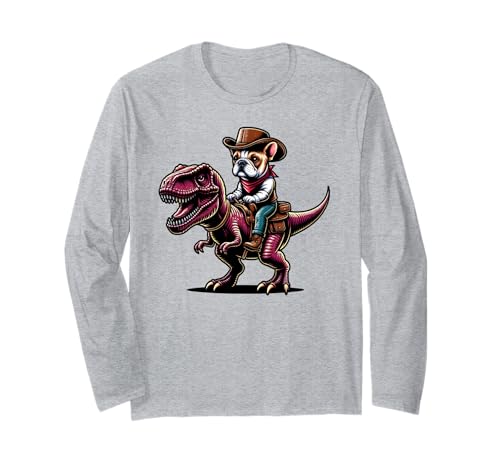 Cowboy Bulldog Francés Montando Un T-Rex. Lindo Frenchie Manga Larga