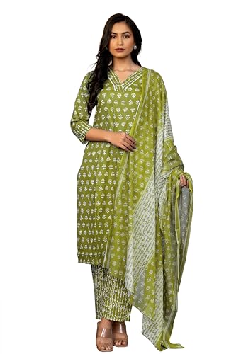 Image of MIRCHI FASHION Women's Straight Fit Pure Cotton Floral Printed Kurta Set with Dupatta and Pant