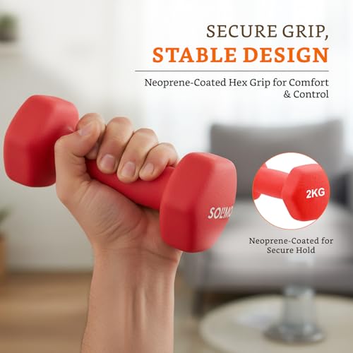 Image of Amazon Brand - Solimo Neoprene Dumbbell 2 kg, Set of 2 (Red)