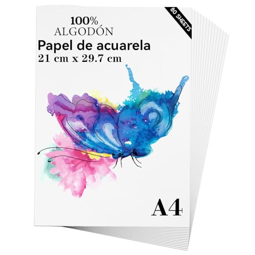 Papel de acuarela A4 (21cm x 29,7cm), 80 hojas, papel pesado de algodón natural de 300 g/m² para estudiantes, artistas, dibujo en acuarela