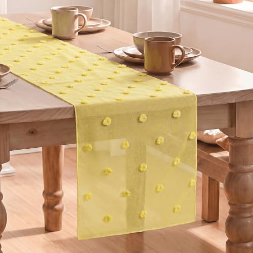 Artoid Mode Light Yellow Pom Pom Tulle Table Runner, Seasonal Spring Summer Washable Kitchen Dining Table Decoration for Home Party Decor 12x72 Inch