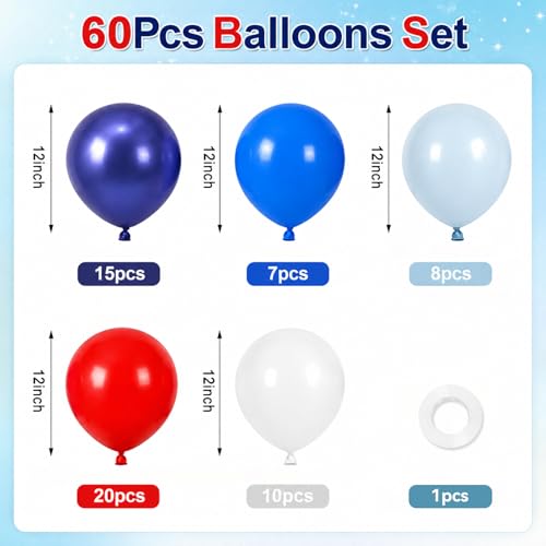 Image of Red Blue White Balloons, 60 Pcs 12 Inch Navy Dusty Pastel Blue Red White | Latex Balloons with Ribbon for Birthday Baby Shower Graduation 4th of July Independence Day Patriotic Party Decorations