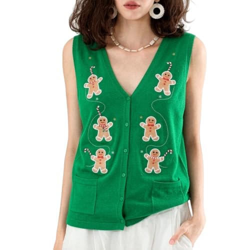 Image of KMBANGI Women Christmas Button Sweater Vest Embroidery Sleeveless Cardigan