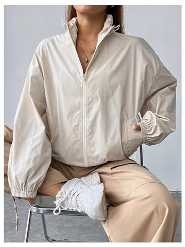 Verdusa Women's Lightweight Windbreaker Jacket Zip Up Drawstring Drop Shoulder Casual Jacket Outerwear Waterproof3