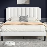 VECELO Queen Size Upholstered Bed Frame with Adjustable Headboard, Velvet Platform Bedframe Mattress Foundation, Strong Wood Slat Support, No Box Spring Needed, White