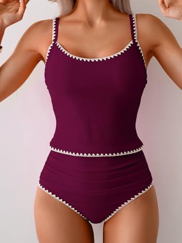 Image of Eomenie Tankini Swimsuit for Women Tummy Control Ruched Two Piece Bathing Suits High Waisted Shell Stitch Swimwear
