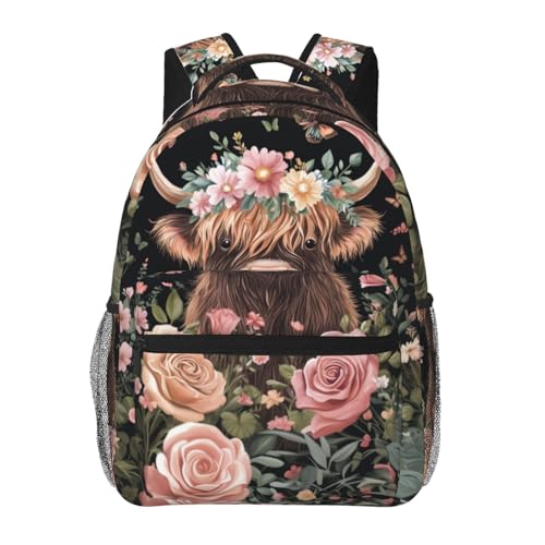 TRYYN Highland Cow Casual Backpack, Lightweight Laptop Bag Daypack, Cute Cattle with Floral Crown Backpacks for Women Men Teens Students, Nature Polyester Bookbag Gifts for School Work Travel Hiking