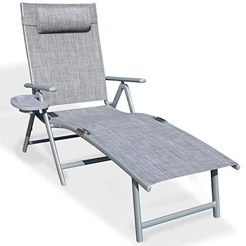 GOLDSUN Aluminum Outdoor Folding Reclining Adjustable Chaise Lounge Chair with Cup Holder for Outdoor Patio Beach Porch Swimming Poolside (Single, Grey)