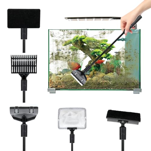 TTIAYAO Aquarium Reinigungsset 5 in 1 Aquarium Reinigungswerkzeuge Aquarium Zubehör mit Algenschaber Aquariumschaber Fischnetz Reinigungsbürste Kiesbesen für Aquarien