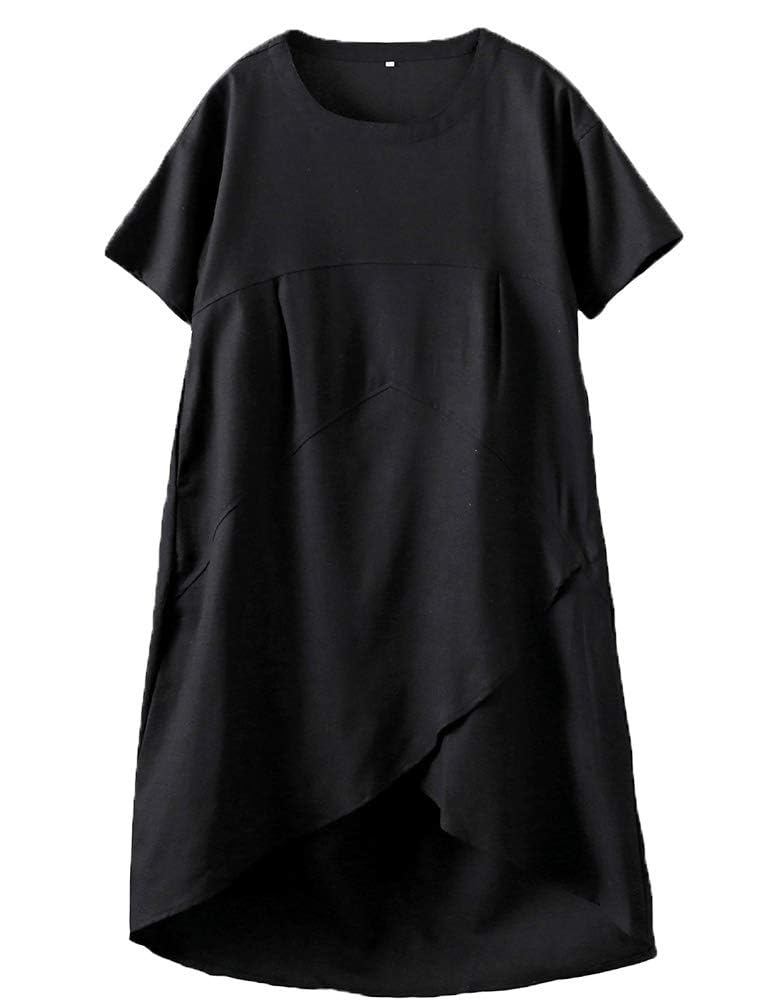 Tebreux Women's Linen Midi Dress Oversized Short Sleeve Sundress Baggy Tunic Dresses with Pockets