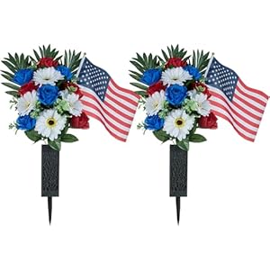 Memorial Day Flowers for Cemetery 2 Pcs Outdoor Grave Decorations Artificial Patriotic Cemetery Flowers for Grave Red White Blue Roses with American Flags Vase for Veterans