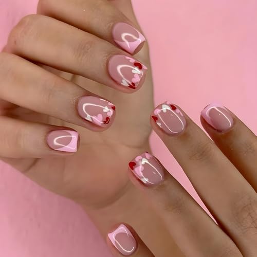 24 pezzi French Press on Nails unghie corte quadrate, unghie finte rosa da incollare, rosso, bianco, cuore adesivo, set di unghie in acrilico da donna, primavera estate
