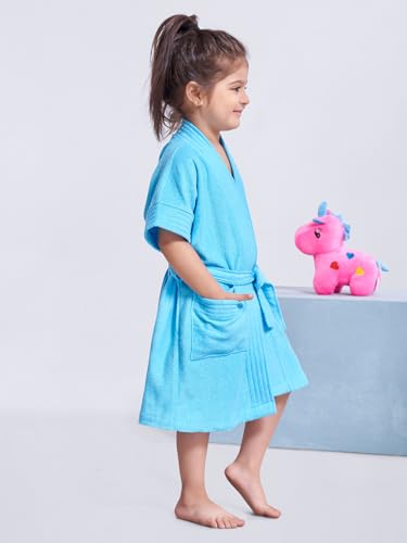 Image of SAND DUNE Kids Bathrobe | Terry Cotton Gown | Half Sleeves | Knee Length | Pocket with Waist Belt | Sky Blue Color Baby Girl Bathrobe - 1 to 4 Years Age