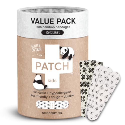 Image of PATCH 100 Pieces, Coconut Oil, Value Pack, Kids Panda Eco-Friendly Bamboo Adhesive Bandages for Scratches & Grazes, Hypoallergenic Wound Care for Sensitive Skin, Biodegradable, Latex & Plastic Free