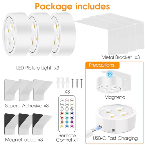 Image of 13 RGB Color Changing Led Art Display Light for Picture Frame,Rechargeable Battery Operated Led Painting Light with Remote Control Dimmable & Timer,3Pack White