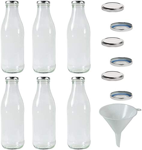 Foto von mikken 6x Glasflasche Milchflasche 1 Liter mit 12x PVC freiem Schraubverschluss inkl Trichter