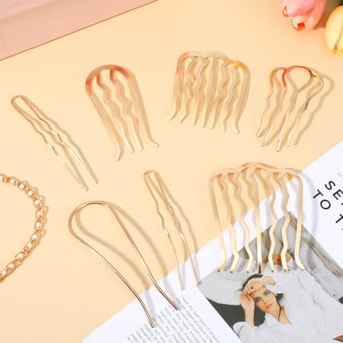 Heclia Metal Hair Twist Comb 7 PCS Metal Hair Fork French Twist Comb for Updo Bun U Shape Hairs Pin Stick Side Combs Non Slip Clip Teeth for Women Vintage Hairstyle Thick & Fine Hairs Accessories