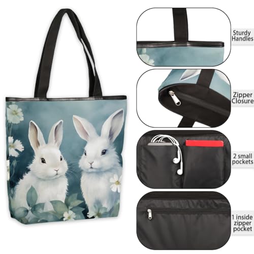 Bunny Rabbit Canvas Tote Bag for Women Large Tote Bag with Zipper & Pockets Canvas Beach Bag Shoulder Bag Reusable Shopping Bags Cute Tote Bags for Work Travel4