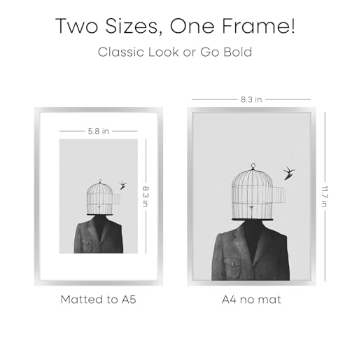 Image of Homeforia A4 Silver Picture Frame, High-End Metal, A5 Mat, Glass | High End Aluminum, Tempered Glass, Acid-Free A5 Removable Mat, A4 Edge-to-Edge Display, Wall Kit, Set Of 2