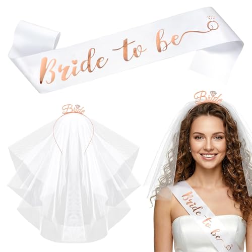DOORIO Bride to Be Sash and Tiara Veil Kit Bride Headband for Bridal Shower Hen Party Wedding Bachelorette Partiy Accessories