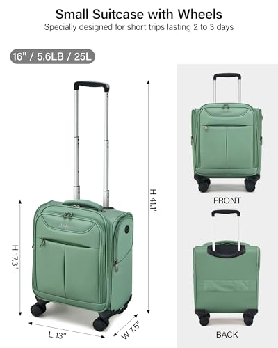 Image of Hanke 45CM Small Soft Shell Cabin Trolley Bags, 8 Silent Spinner Wheels,Charging Port, 8 Storage Compartments, Lightweight Compact Carry-On Luggage for Short Trips & Overnight Use,Forest Green