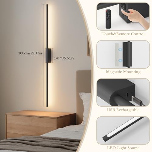Image of 39.4In Battery Operated Wall Sconces Set of Two,12000mAh Wireless Rechargeable Sconces 3 Colors Dimmable with Remote for Living Room Bedroom