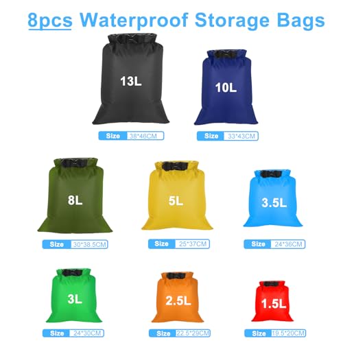 VFANDV Bolsa Estanca Impermeable 8 Piezas, 1.5/2.5/3/3.5/5/8L/10L/13L Bolsas Secas Ligeras Bolsas Secas Impermeables Bolsa Impermeable para Rafting Senderismo Viaje de Campamento Natación Esnórquel - imagen 2