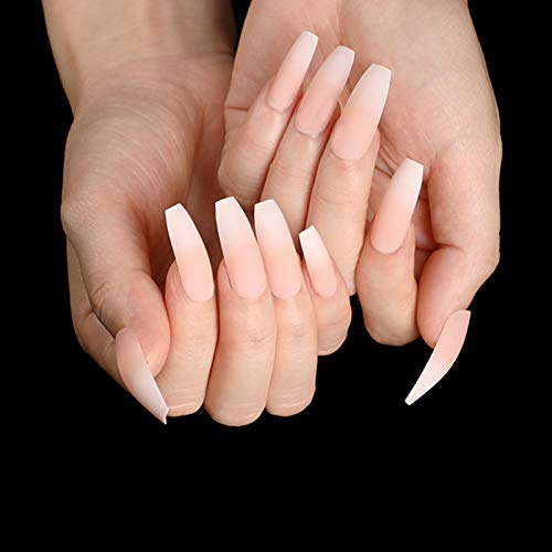 editTime Long Rainbow Fake Nails Gradient Color Coffin Glossy or Matte Press on Ballerina Acrylic Extra Long False Nails Butterfly Marbling Fingers Nails (Matte white & skin)