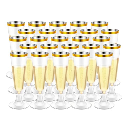 25 Pcs Clear Plastic Champagne Glasses with Gold Border, Eco-Friendly Thick Material - Ideal for Parties, Martinis, and Cocktails