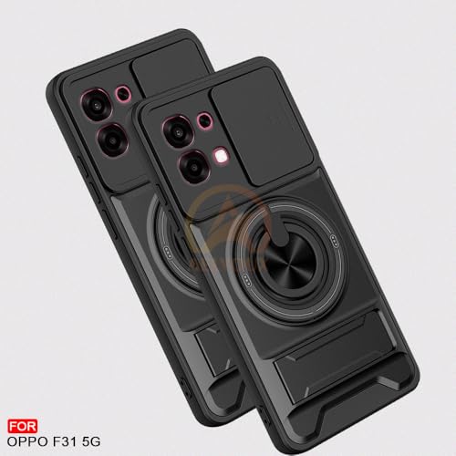 Image of Oppo F31 5G Back Cover | Armor Camera Slider 360 Degree Rotating Finger Ring Holder Case with Bracket Stand Back Case Cover (Compatible with MagSafe Accessories) (Black)