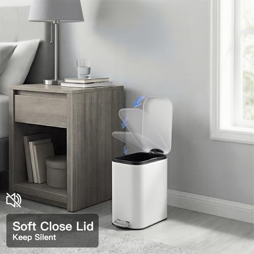 Image of GarveeHome 1.3 Gal Slim Trash Can, Step Garbage Can with Soft-Close Lid, Stainless Steel Recycling Bin Waste Container with Removable Inner Bucket for Kitchen, Bathroom, Office, White
