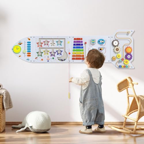 Image of Spacocld Rocket Activity Wall Busy Board Panels - Sensory Wall Panel for Kids, Montessori Toddler Wall Activity Board, Wall Toys for Toddlers 3, Activity Cube, Wooden Boards, White Grey(4PCS)