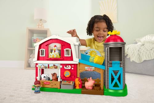 Fisher-Price Little People Muzyczna farma Opieka nad zwierzątkami, zestaw do zabawy w naśladowanie, farma dla dzieci z wyborem języka, edukacyjna zabawka interaktywna dla maluchów 1+, JGX10
