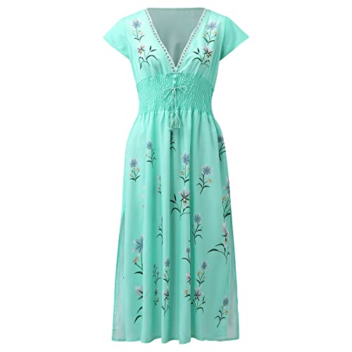 UIFLQXX Vestido maxi feminino 2023 casual com decote em V, manga curta, vestidos de barriga com esta