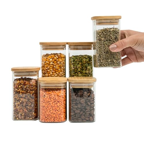 Kit 6 potes de vidro tampa de bambu herméticos quadrados - Tüd