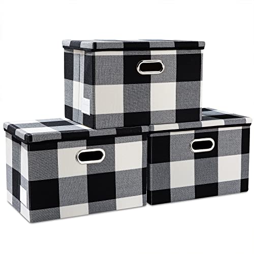 Image of PRANDOM Large Collapsible Storage Bins with Lids [3-Pack] Fabric Foldable Storage Boxes Organizer Containers Baskets Cube with Cover for Home Bedroom Closet Office Black and White (17.7x11.8x11.8)