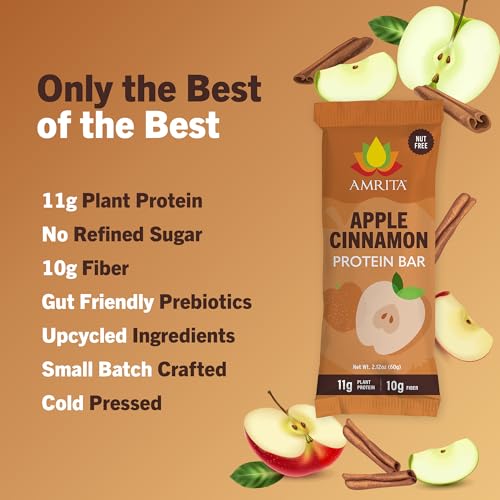 Amrita Apple Cinnamon High Protein Bars, 15g Plant Based Protein, Low-Sugar Meal Replacement Bars, Vegan, Gluten-Free, 12 Bars
