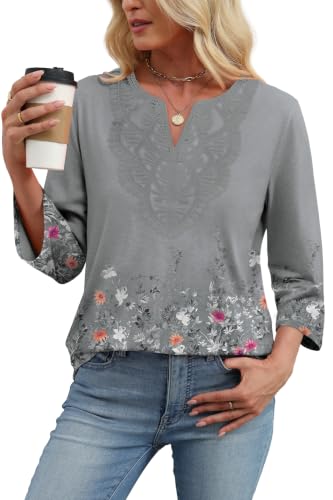 Image of WIHOLL 3 /4 Length Sleeve Womens Tops Boho V Neck Lace Shirt Trendy Blouses Dressy Casual Vacation Clothes S-3XL