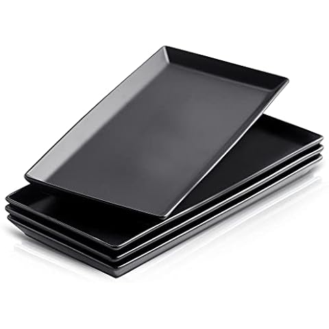 KOOV Ceramic Serving Tray, 14 Inches Large Serving Platter, Rectangular Serving Tray, Porcelain Serving Plates, Ceramic Serving Dishes for Dinner, Party, Sushi, Dessert, Food, Set of 4 (Matte Black) Cover