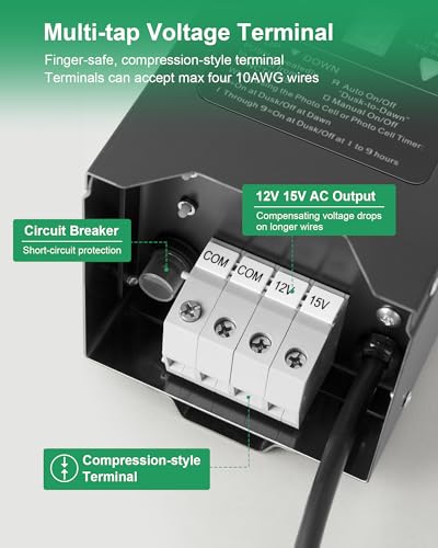 Image of 200W Low Voltage Landscape Transformer, Outdoor Landscape Lighting Transformer with Photocell Sensor & Timer, 120V AC to 12V /15V AC, Stainless Steel Weatherproof Transformer, Black