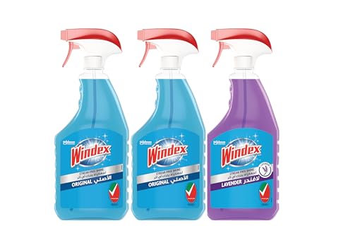 Windex Glass Cleaner 2 x Original & 1 x Lavender Fast-Acting Streak-Free Shine & Fingerprint Smudges & Grease Remover 750ml (Pack of 3)