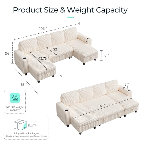 Image of LINSY HOME Sectional Sleeper Sofa with Pull Out Couch Bed - Convertible Plush Corduroy Cloud Couch with Storage Chaise & USB Charging, Comfy U Shaped Modular Couches for Living Room, Beige