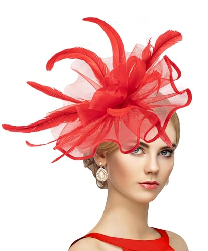 dressfan Womens Fascinator Headband Hat Vintage Wedding Headpiece Hair Clip 20s 50s Hair Accessories Headwear for Derby/Wedding/Cocktail/Tea Party,MS0101-Red