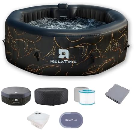 4-6 Person Inflatable Hot Tub Spa Octagon, Outdoor Portable Blow Up Hottub 130 Air Jets with Energy Efficient Cover, Built in Heater Pump, Cup Holder, 2 Filters, Black