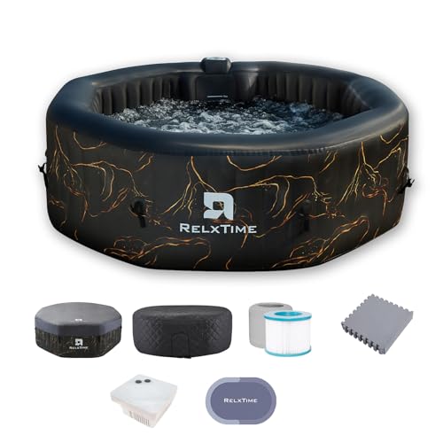 4-6 Person Inflatable Hot Tub Spa Octagon, Outdoor Portable Blow Up Hottub 130 Air Jets with Energy Efficient Cover, Built in Heater Pump, Cup Holder, 2 Filters, Black